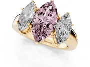 Fancy Pink Three-Stone Marquise Cut Diamond Ring Set in Yellow gold with Matching Prong Settings and Plain Band