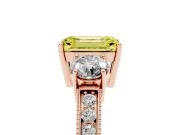 Fancy Yellow Emerald Cut Diamond Three-Stone Ring Set in Rose gold with Round Side Stones and Pavé Band