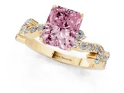 Fancy Pink Radiant Cut Diamond Solitaire Twisted Band Set in Yellow gold with Pavé Setting