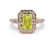 Fancy Yellow Emerald Cut Diamond Halo Pavé Engagement Ring Set in Rose gold with Bezel Setting