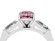 Fancy Pink Emerald Cut Diamond Solitaire Ring Set in Platinum with Tapered Baguette Side Stones and Prong Setting
