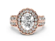 Oval Scalloped Halo Engagement Ring Setting | Double Row Band | Rose Gold