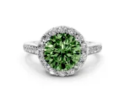 Fancy Green Round Cut Diamond Floral Halo Ring Set in Platinum with Pavé Band and Prong Setting