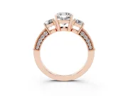 Cushion Cut Diamond Three-Stone Ring Set in Rose gold with Round Side Stones and Pavé Band