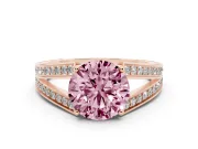 Fancy Pink Round Cut Diamond Split Shank Ring Set in Rose gold with Pavé Band and Prong Setting