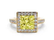 Fancy Yellow Princess Cut Diamond Halo Pavé Engagement Ring Set in Yellow gold with Bezel Setting