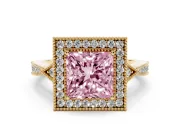 Fancy Pink Princess Cut Diamond Halo Engagement Ring Set in Yellow gold with Milgrain Pavé Band