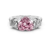Fancy Pink Heart Cut Diamond Three-Stone Ring Set in White gold with Pavé Band
