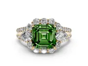 Fancy Green Asscher Cut Diamond Halo Split Shank Engagement Ring Set in Yellow gold with Prong-Held Center Stone