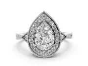 Pear Cut Diamond Halo Engagement Ring Set in Silver with Milgrain Pavé Band