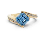 Fancy Blue Asscher Cut Diamond Solitaire Ring Set in Yellow gold with Intertwined Pavé Twist Band