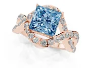 Fancy Blue Princess Cut Diamond Solitaire Twist Band Pavé Engagement Ring Set in Rose gold