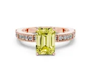 Fancy Yellow Emerald Cut Diamond Solitaire Ring Set in Rose gold with Slim Pavé Band and Prong Setting