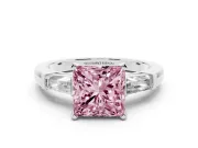 Fancy Pink Princess Cut Diamond Solitaire Ring Set in Platinum with Tapered Baguette Side Stones and Prong Setting