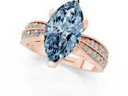 Fancy Blue Marquise Cut Diamond Solitaire Ring Set in Rose gold with Milgrain Double Row Round Pavé Band