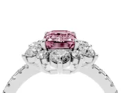 Fancy Pink Emerald Cut Diamond Floral Halo Ring Set in Platinum with Round Pavé Band and Prong Setting