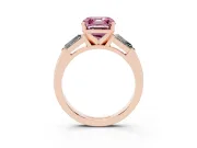 Fancy Pink Asscher Cut Diamond Solitaire Ring Set in Rose gold with Tapered Baguette Side Stones and Prong Setting