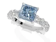 Princess Cut Side Stone Engagement Ring Setting for a Fancy Blue Lab-Grown Diamond | Scalloped Prong Accents | Platinum