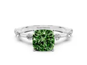 Fancy Green Cushion Cut Diamond Solitaire Ring Set in Platinum with Bezel Set Side Stones and Prong Setting