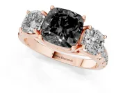 Fancy Black Cushion Cut Diamond Three-Stone Ring Set in Rose gold with Pavé Band