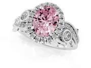 Fancy Pink Oval Cut Diamond Halo Ring Set in White gold with Milgrain Pavé Band and Prong Setting