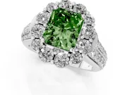 Fancy Green Radiant Cut Diamond Halo Engagement Ring Set in White gold with Split Shank and Prong Setting