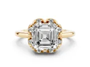 Asscher Cut Scalloped Petal Halo Engagement Ring Setting | Plain Band | Yellow Gold