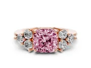 Fancy Pink Cushion Cut Diamond Solitaire Ring Set in Rose gold with Cluster Accents on Each Side
