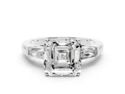 Asscher Cut Diamond Solitaire Ring Set in Platinum with Tapered Baguette Side Stones and Prong Setting