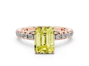Fancy Yellow Emerald Cut Diamond Pavé Solitaire Ring Set in Rose gold with Round Band and Prong Setting