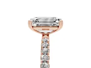 Emerald Cut Diamond Brilliant Solitaire Set in Rose gold with Pavé Band and Claw Prong Setting