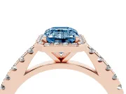 Fancy Blue Emerald Cut Diamond Halo Engagement Ring Set in Rose gold with Pavé Band and Prong Setting
