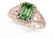Fancy Green Emerald Cut Diamond Halo Split Shank Pavé Ring Set in Rose gold with Prong Setting