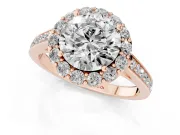Round Cut Diamond Floral Halo Ring Set in Rose gold with Pavé Band and Prong Setting