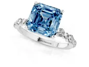 Fancy Blue Asscher Cut Diamond Prong Set Engagement Ring Set in Silver with Round Accent Pavé Band