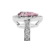 Fancy Pink Pear Cut Diamond Halo Pavé Engagement Ring Set in Platinum with Bezel Setting