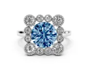 Round Milgrain Cluster Halo Engagement Ring Setting for a Fancy Blue Lab-Grown Diamond | Plain Band | Platinum