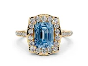 Emerald Cut Petal Tip Halo Engagement Ring Setting for a Fancy Blue Lab-Grown Diamond | Pavé Band | Yellow Gold