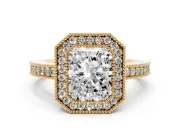 Radiant Cut Diamond Halo Engagement Ring Set in Yellow gold with Pavé Band and Round Halo Stones