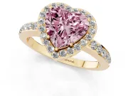 Fancy Pink Heart Cut Diamond Halo Ring Set in Yellow gold with Pavé-Setting Band and Open Prong Center