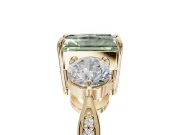 Radiant Cut Three Stone Engagement Ring Setting for a Fancy Green Lab-Grown Diamond | Tapered Pave Band | Yellow Gold