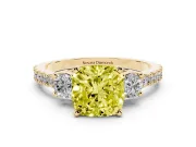 Cushion Cut Three Stone Engagement Ring Setting for a Fancy Yellow Lab-Grown Diamond | Pavé Band | Yellow Gold