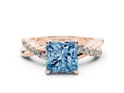 Fancy Blue Princess Cut Diamond Twist Band Solitaire Set in Rose gold with Pavé Accents and Prong Setting