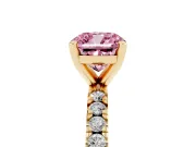 Fancy Pink Cushion Cut Diamond Pavé Band Solitaire Set in Yellow gold with Prong Setting