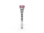 Fancy Pink Cushion Cut Diamond Three-Stone Ring Set in Silver with Round Side Stones and Delicate Pavé Band