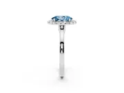 Fancy Blue Oval Cut Halo Round Diamond Solitaire Ring Set in White gold with Pavé Band and Prong Setting