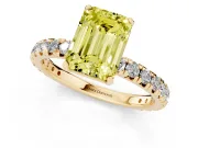 Fancy Yellow Emerald Cut Diamond Pavé Solitaire Ring Set in Yellow gold with Round Band and Prong Setting