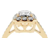 Emerald Cut Diamond Floral Halo Ring Set in Yellow gold with Pavé Band and Prong Setting