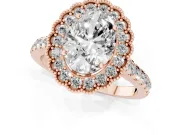 Oval Cut Diamond Milgrain Floral Halo Engagement Ring Set in Rose gold with Pavé Band