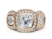 Cushion Cut Three Stone Halo Engagement Ring Setting | Bezel Set | Rose Gold